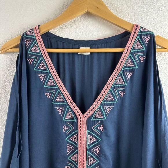 O'Neill Women's M Cold Shoulder Tunic Dress Blue Embroidered Boho Beach Cover Up - Picture 3 of 10